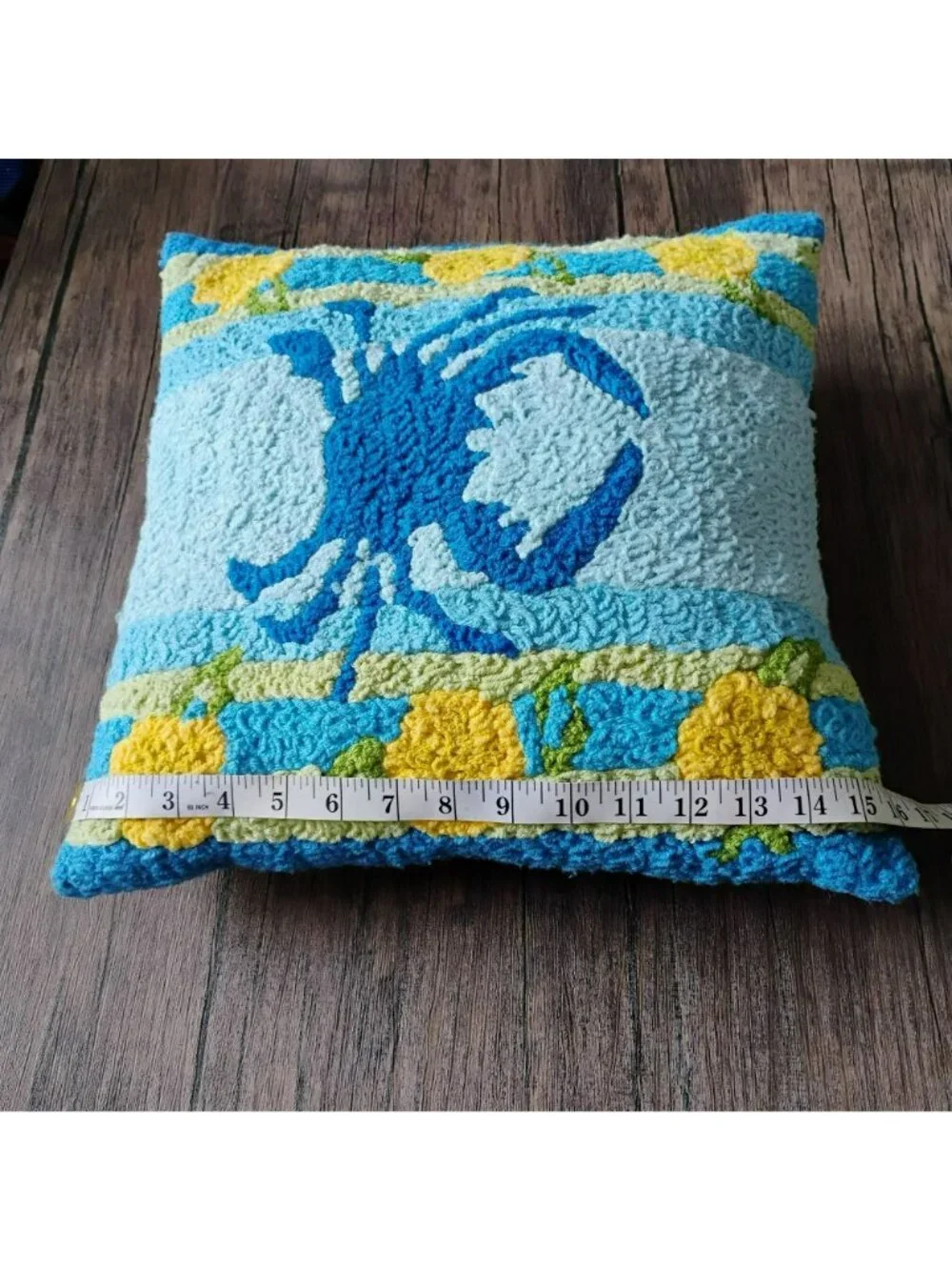 Blue Crab Coastal Hooked Pillow 16